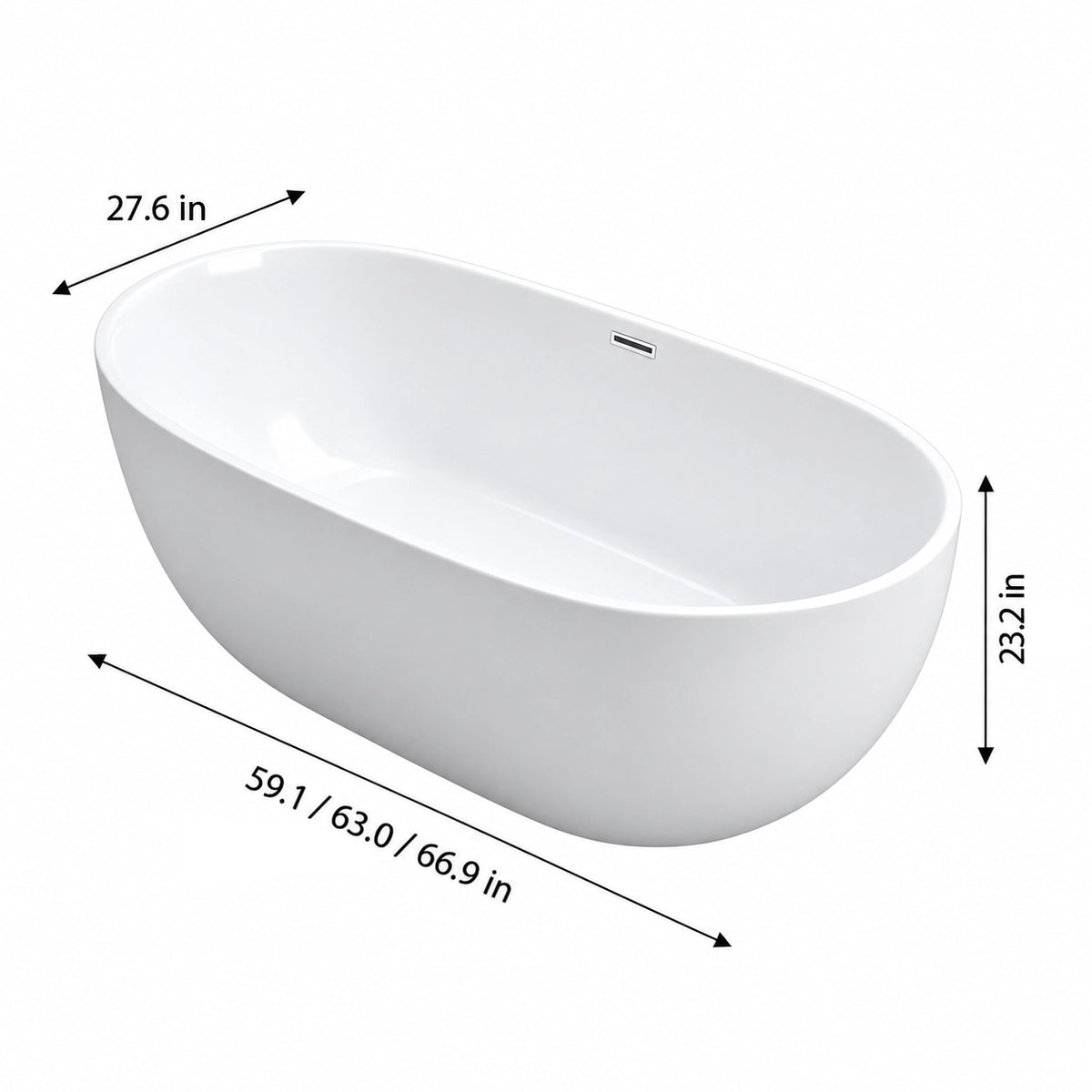 Dimensions for egg‑shaped freestanding bathtub, 59.1 inch/63.0 inch/66.9 inch