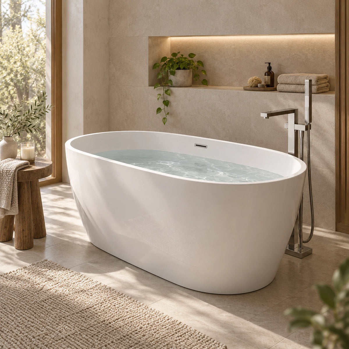 White oval freestanding soaking tub filled with water in sunlit bathroom with wall niche