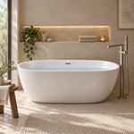 Smooth freestanding bathtub with water inside, neutral tone bathroom built-in shelf
