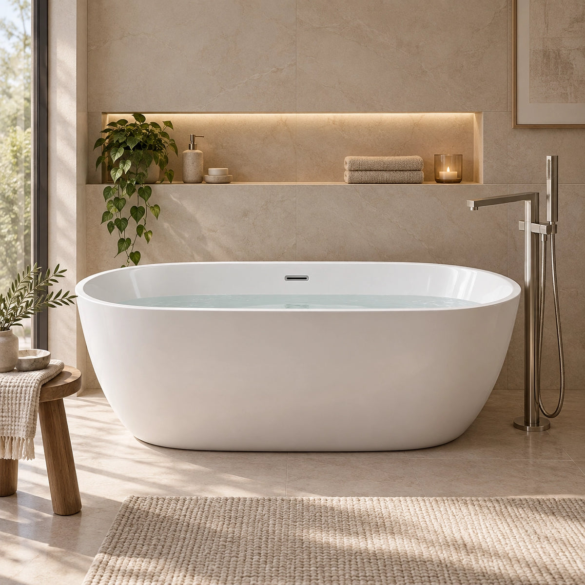 Smooth freestanding bathtub with water inside, neutral tone bathroom built-in shelf