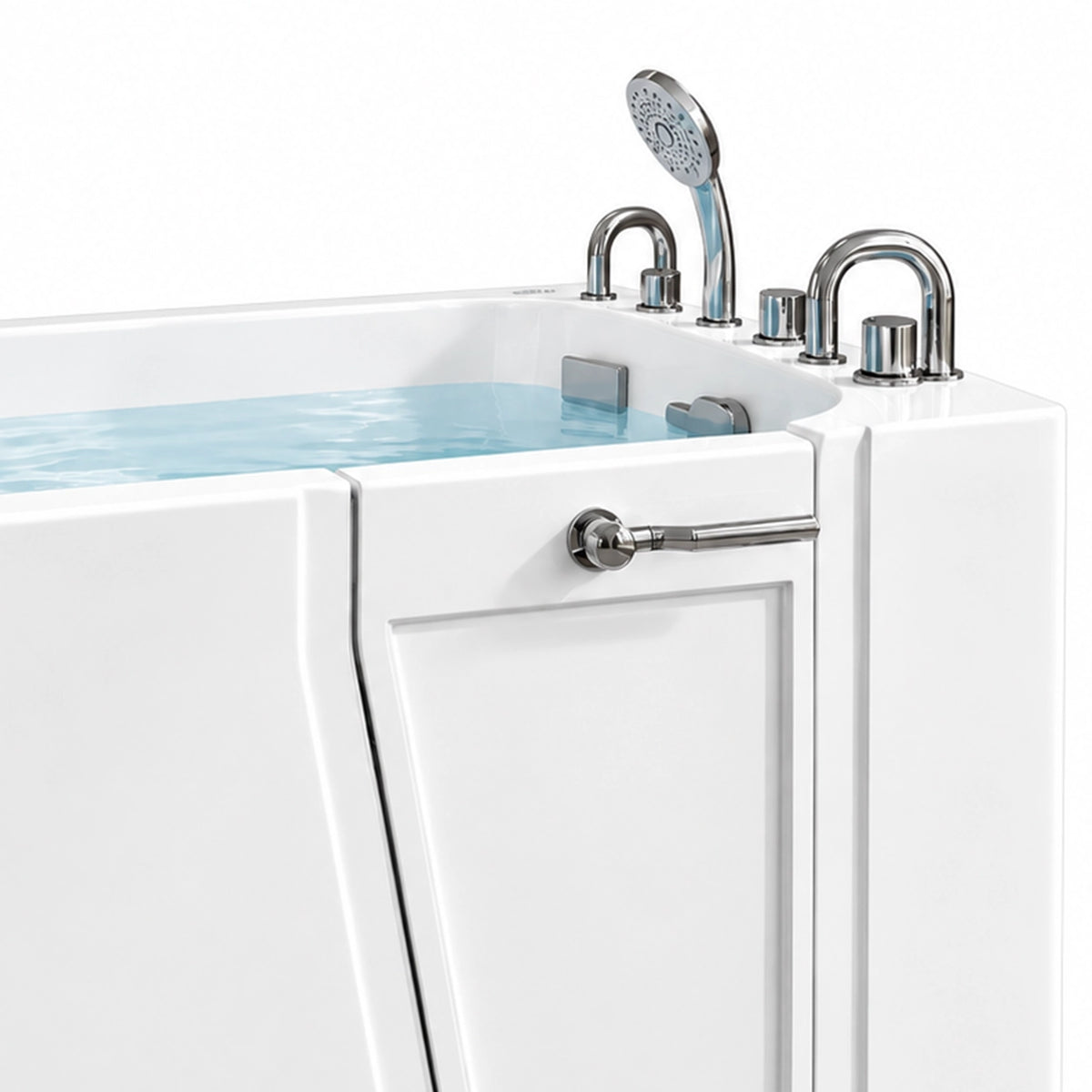 Close-up of walk-in tub door, chrome handle and shower faucet set details