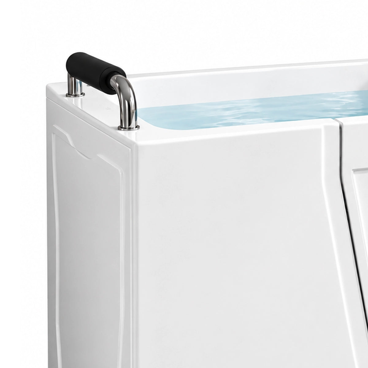 Close shot of tub safety grab bar with black padded grip on tub rim