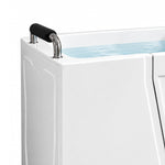 Close shot of tub safety grab bar with black padded grip on tub rim