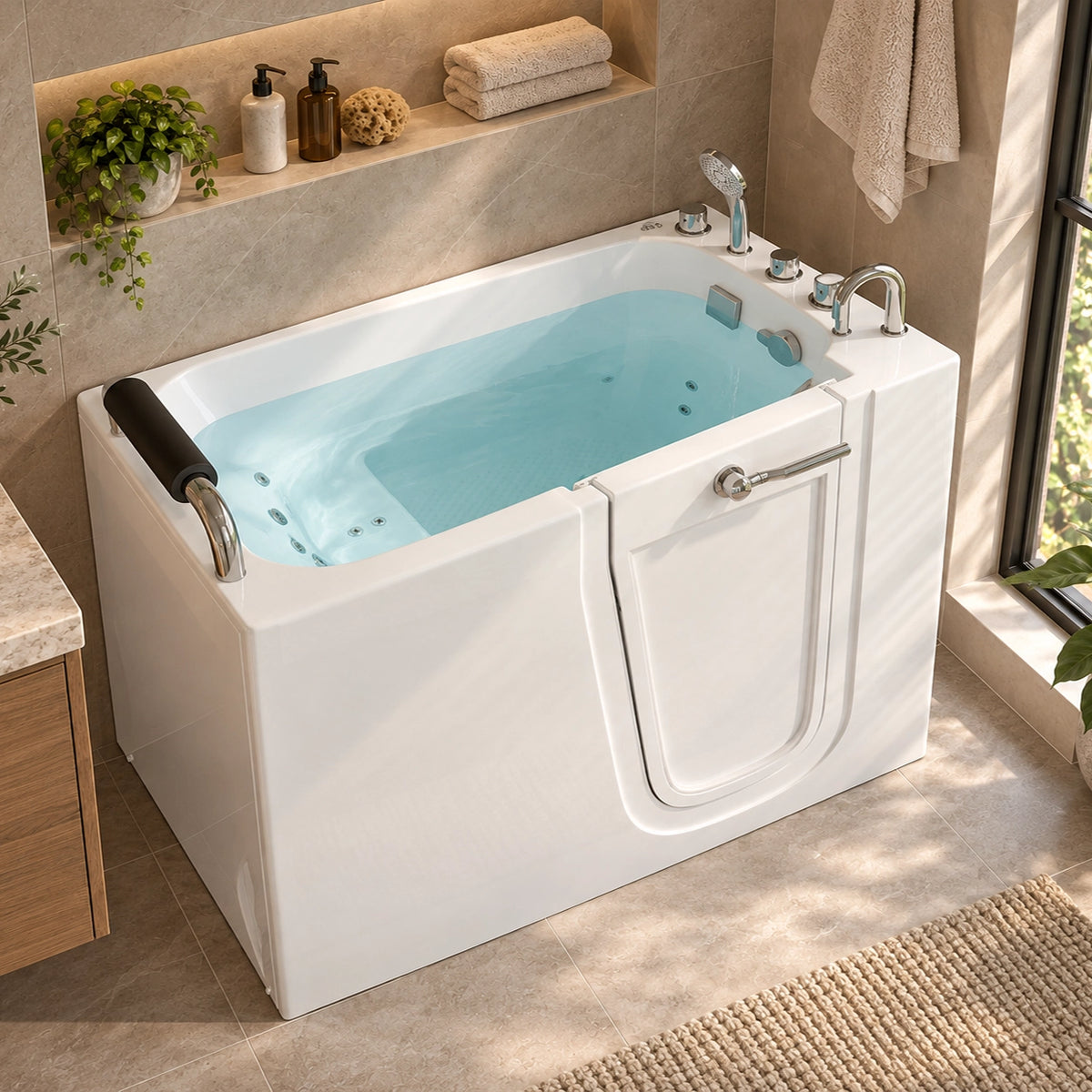 White walk-in bathtub with inward swing door, filled with water in bright tiled bathroom