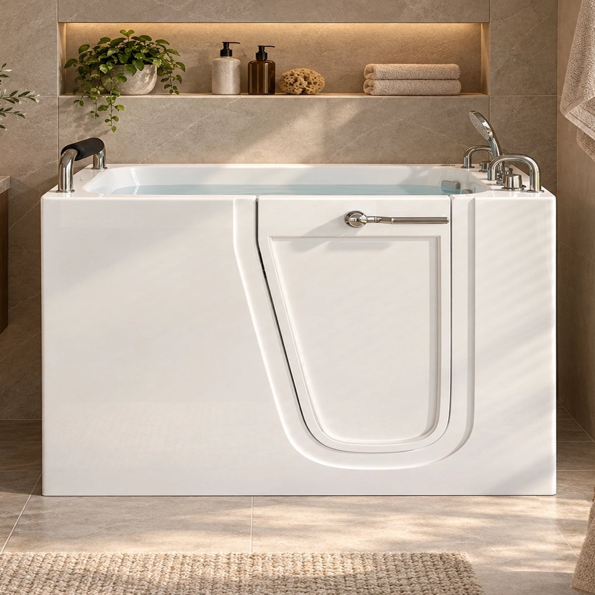 Walk in soaking tub with safety door, clean bathroom with built-in wall niche decor