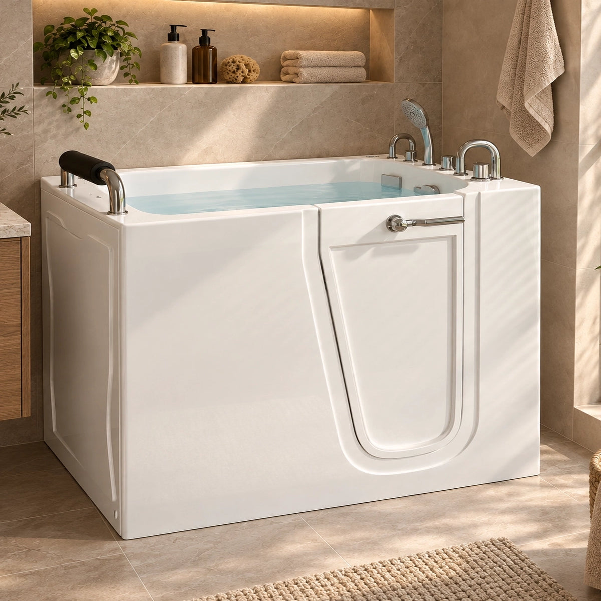 Accessible walk-in tub with support grab bar, water filled inside in modern bathroom