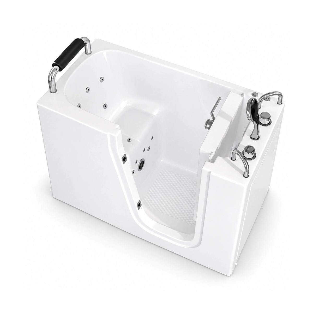 Walk-in soaking tub with side entry door, safety grab bar