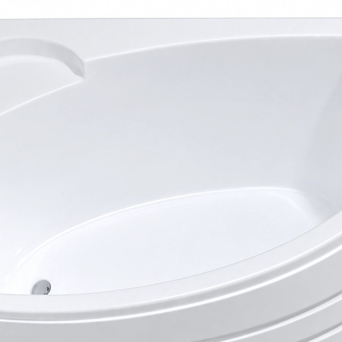 Close-up of the tub inner basin, smooth glossy white surface and built-in seat area