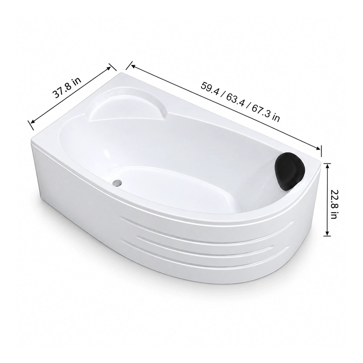 Corner freestanding bathtub, 59.4/63.4/67.3 in.
