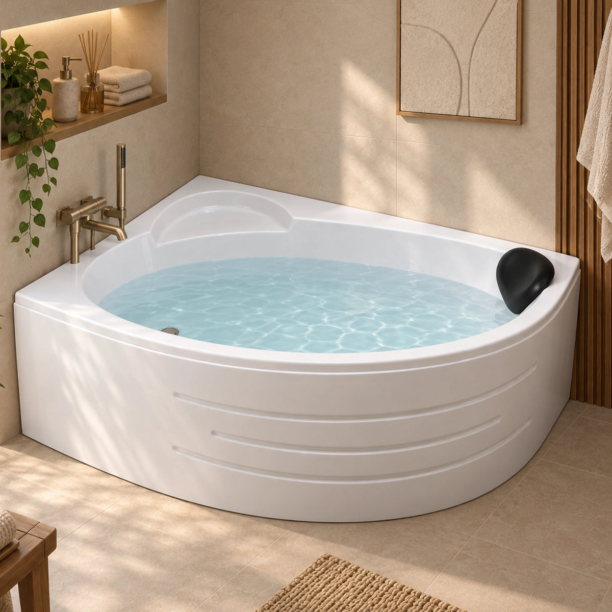 Corner acrylic soaking tub placed in bathroom nook with tiled floor and wall niche