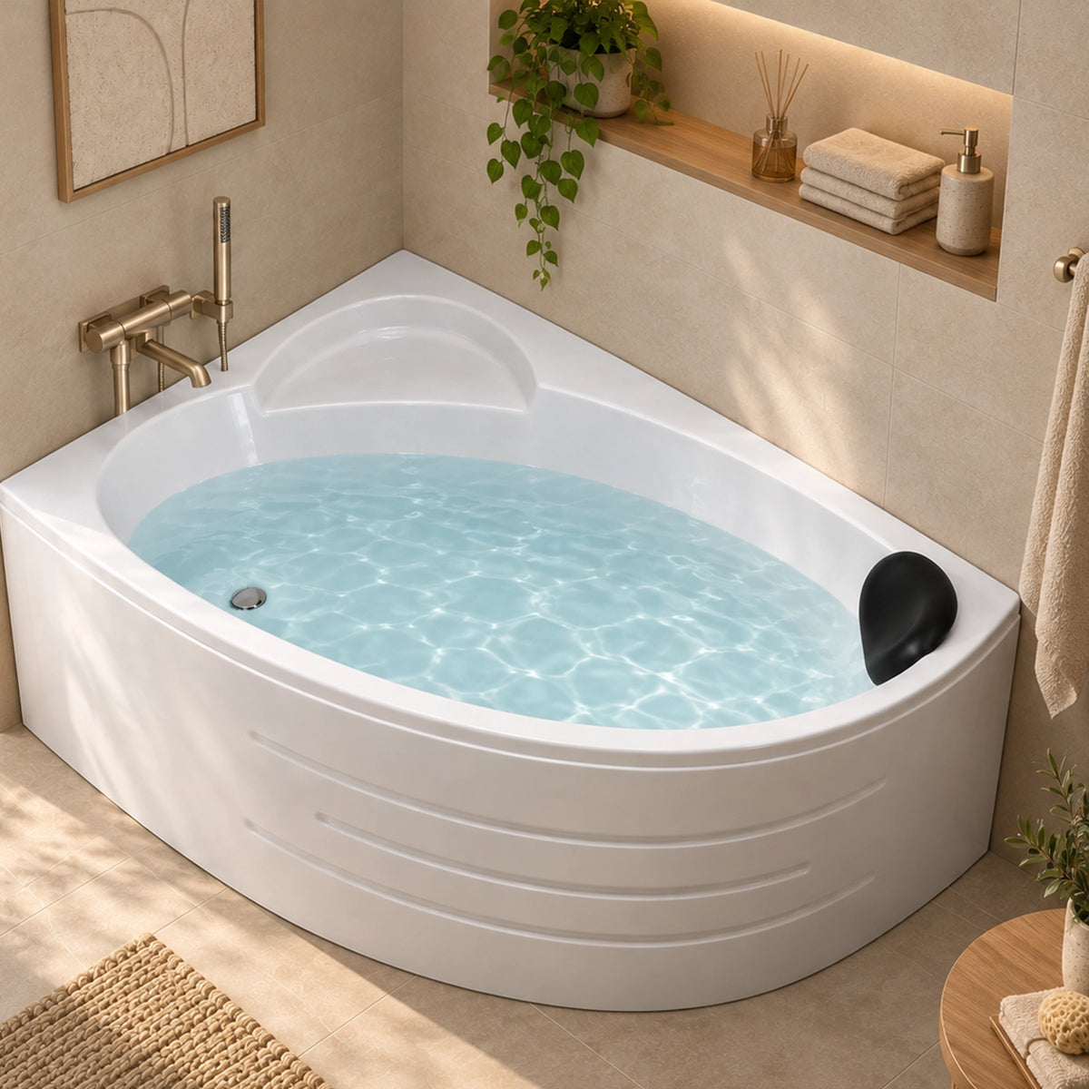 Triangle corner bathtub in bright bathroom with wall shelf and green plants
