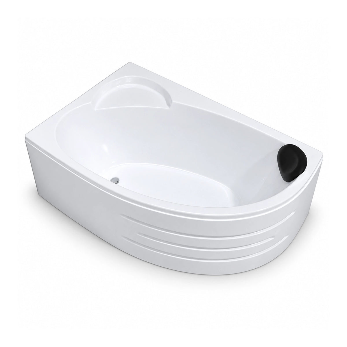 Corner acrylic soaking bathtub with curved front, built-in seat and black headrest