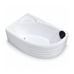 Corner acrylic soaking bathtub with curved front, built-in seat and black headrest