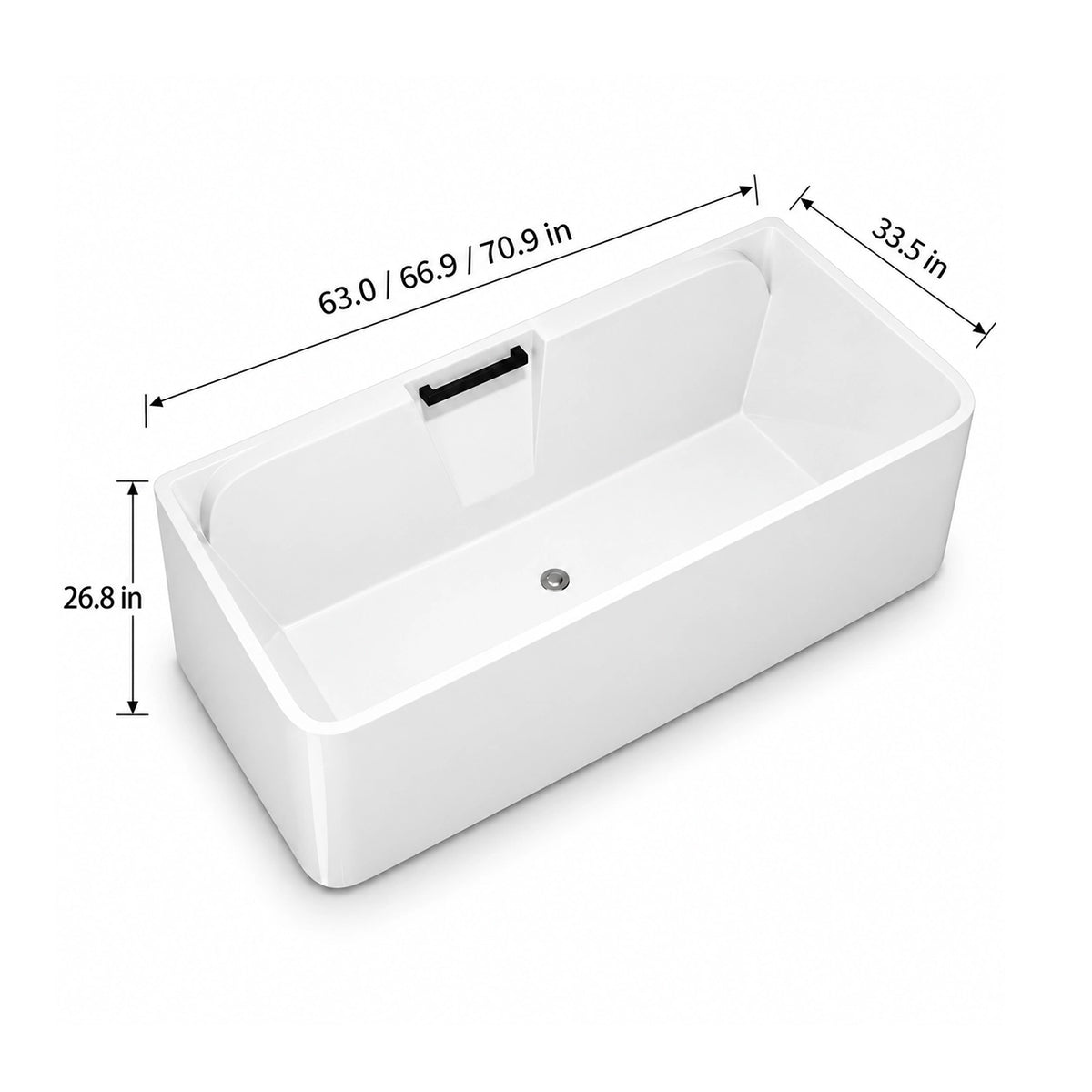Dimensions for rectangular freestanding bathtub, 63.0 inch/66.9 inch/70.9 inch