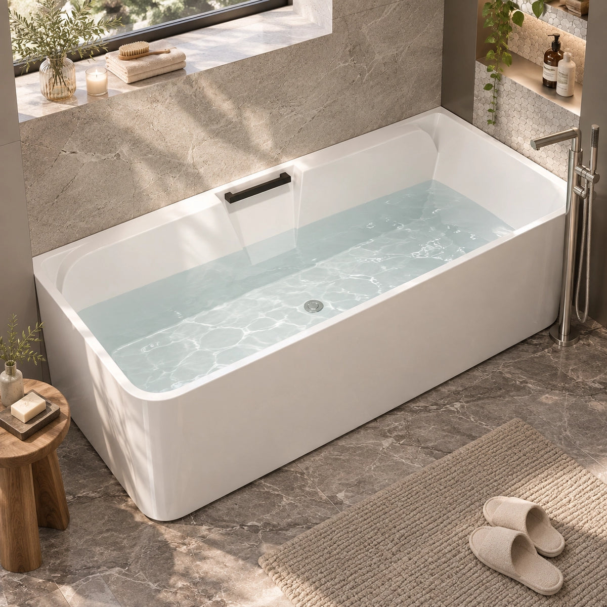 Rectangular freestanding soaking tub in bright bathroom with marble tile wall and window niche