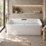 Freestanding rectangular tub in sunlit bathroom with large window and recessed shelf