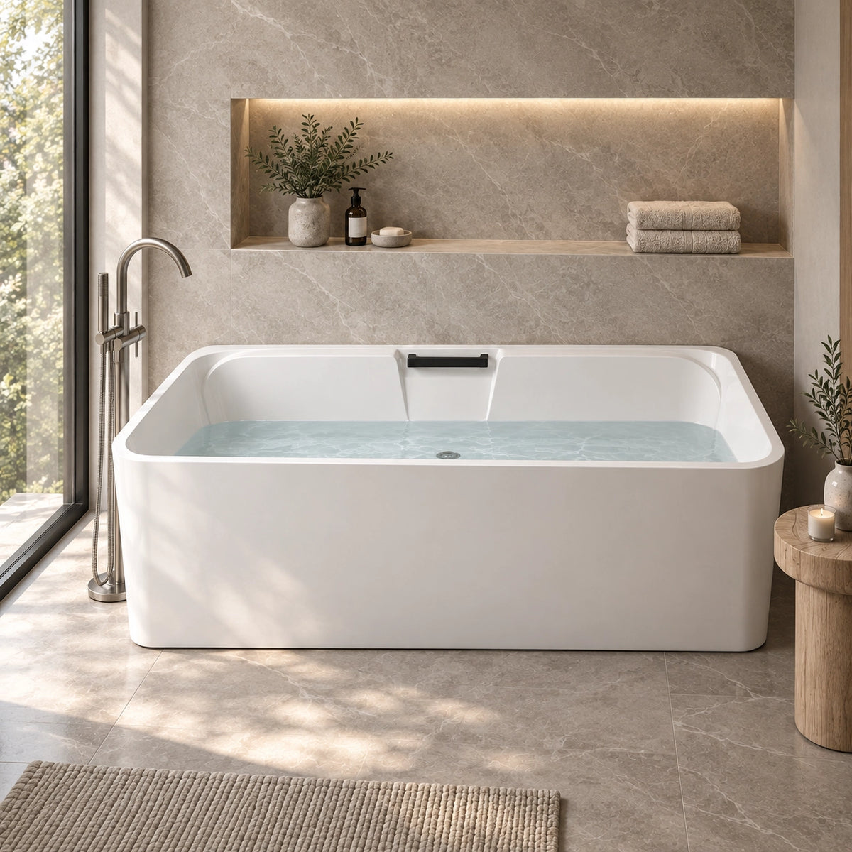 Freestanding rectangular tub in sunlit bathroom with large window and recessed shelf