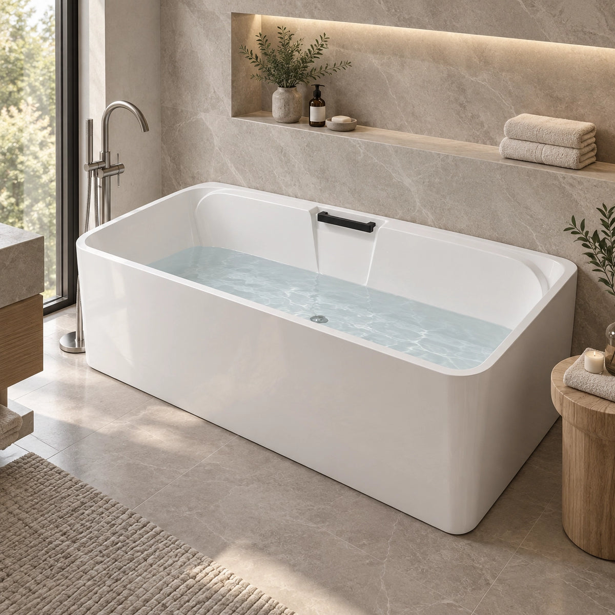 Rectangular soaking tub in contemporary bathroom with stone tile flooring and woven rug