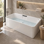 Rectangular soaking tub in contemporary bathroom with stone tile flooring and woven rug