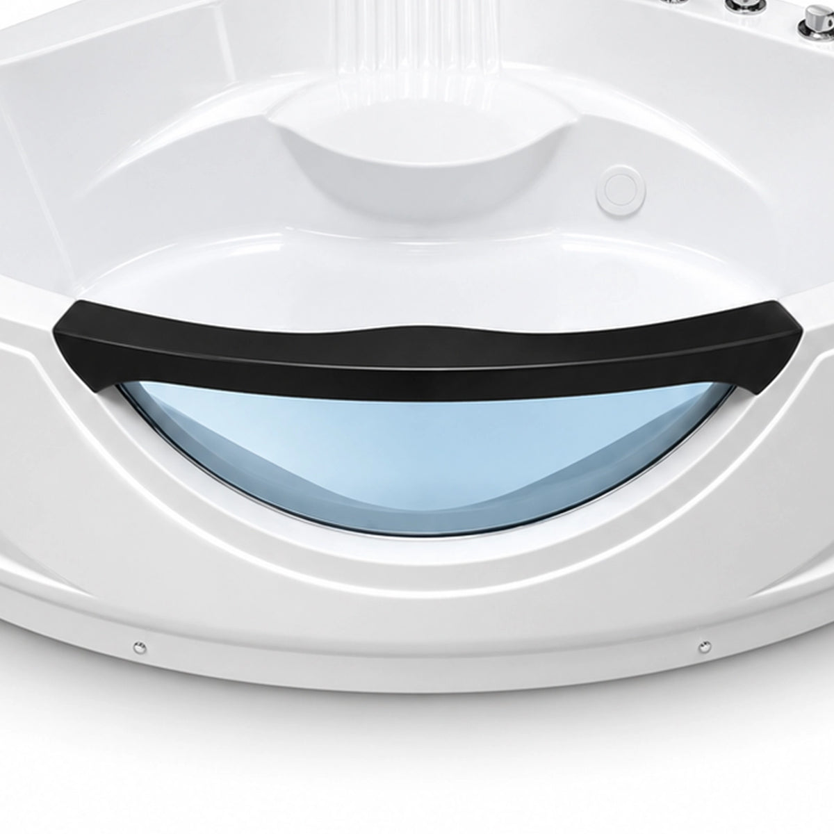 Close-up of tub front curved transparent window and black handrail detail