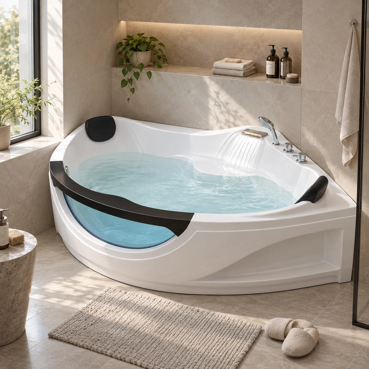 Corner triangular acrylic soaking tub with waterfall faucet in bright tiled bathroom