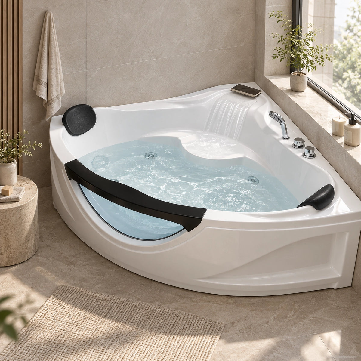 White corner bathtub with transparent side panel next to large bathroom window