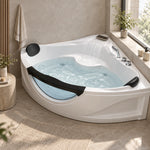 White corner bathtub with transparent side panel next to large bathroom window