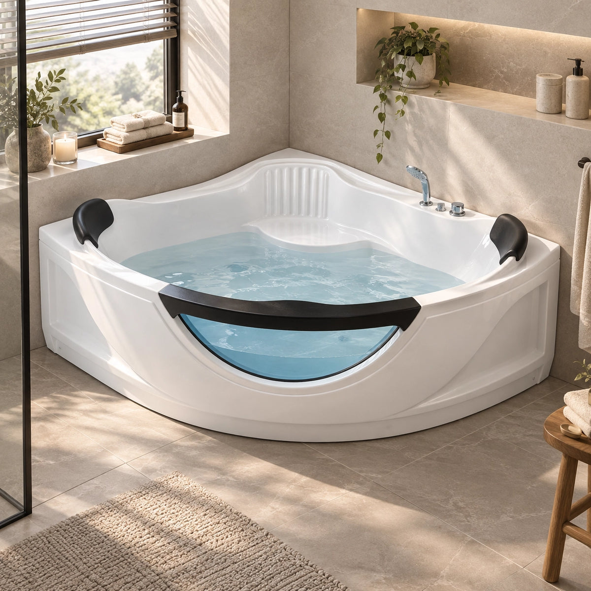 Two-person corner tub with black headrests inside sunlit bathroom niche area