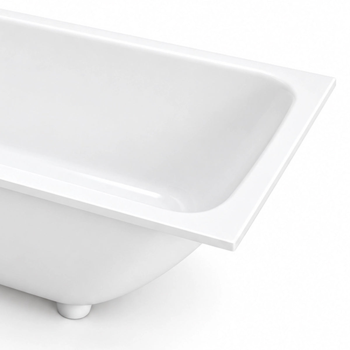 Close-up of tub rim, glossy white surface and supporting base foot detail