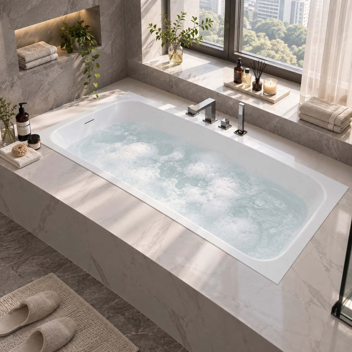 Rectangular drop-in soaking tub installed in marble bathroom platform beside large