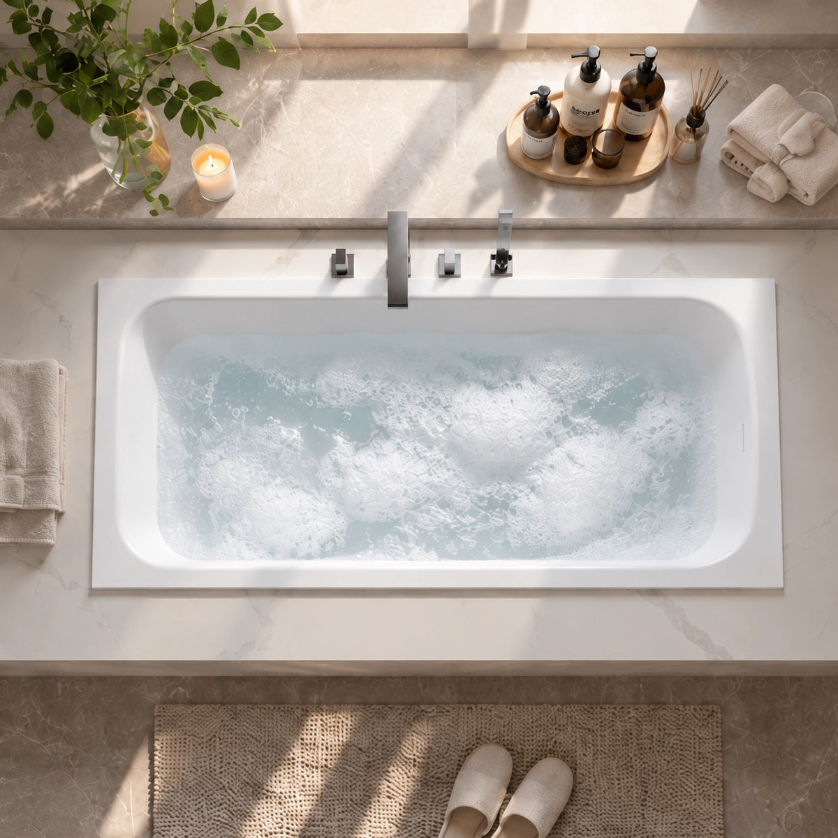 Top view of rectangular built-in tub with bath accessories on stone countertop