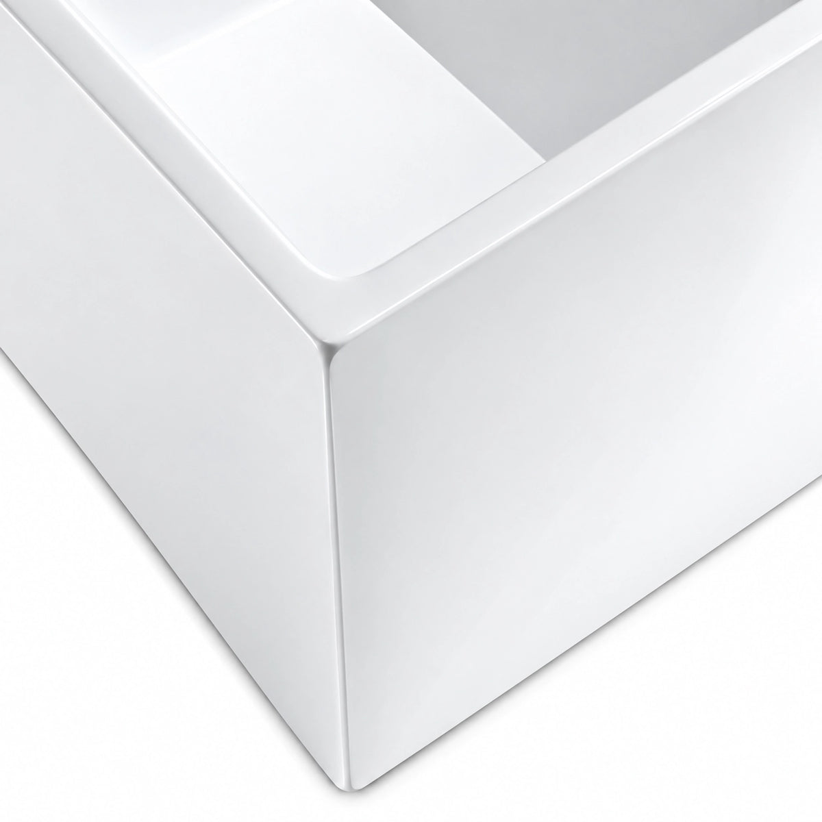 Bathtub corner close‑up, seamless squared edge & smooth surface