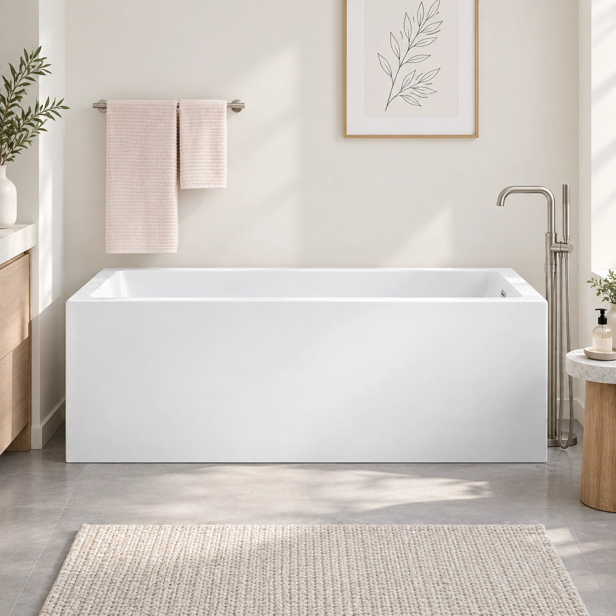 Square freestanding bathtub in bright minimalist primary bathroom