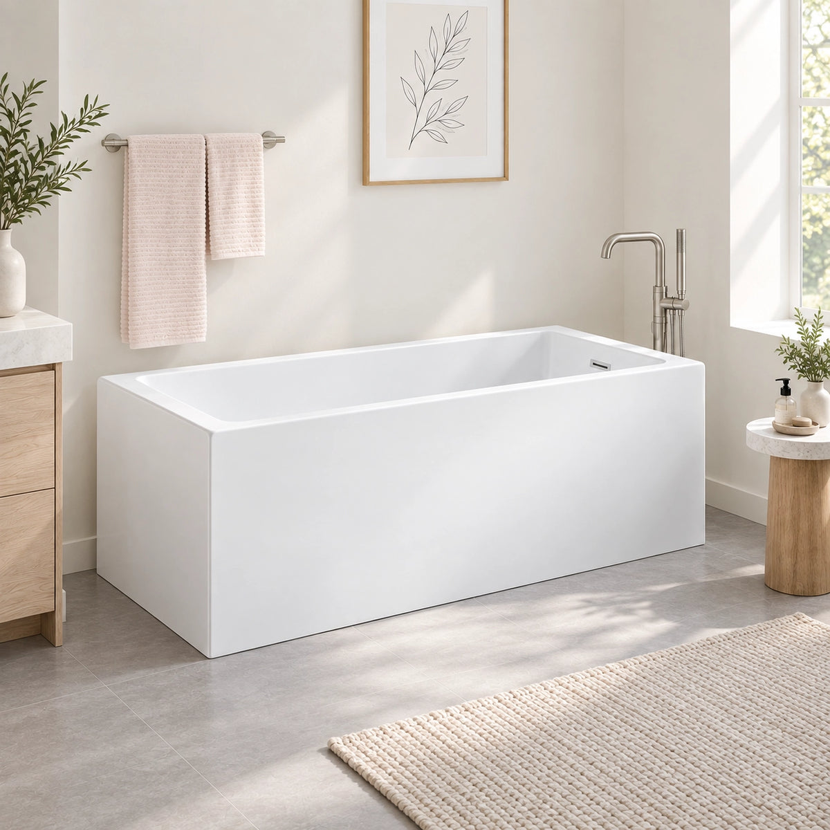 Rectangular freestanding tub, top‑down view in light‑toned bathroom