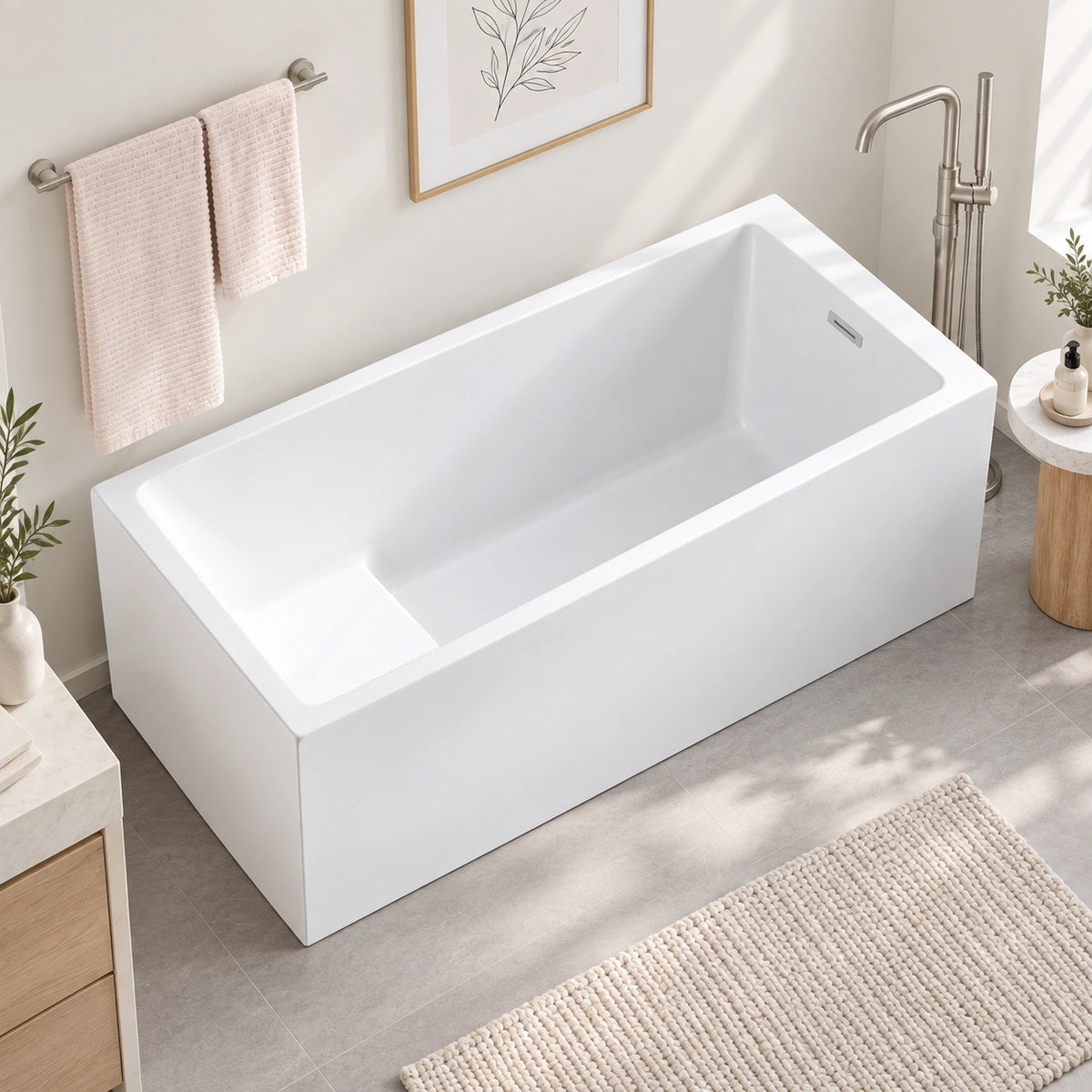 Matte white freestanding bathtub inside cozy decorated bathroom