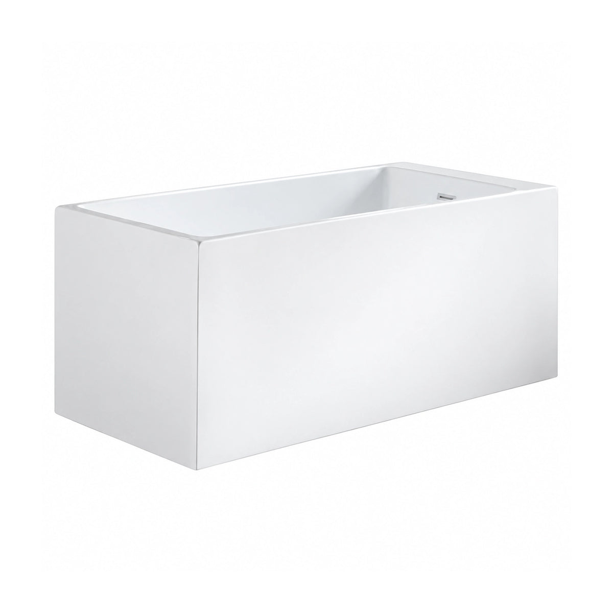 Freestanding rectangular bathtub, clean straight‑sided all‑white design