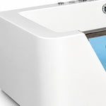 Corner close-up of white acrylic tub rim, smooth rounded edge of bathtub shell