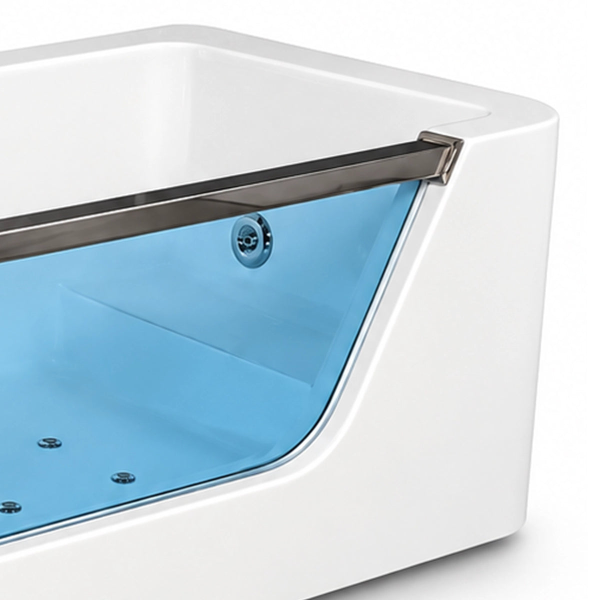 Partial shot of bathtub transparent glass side panel and stainless steel trim frame