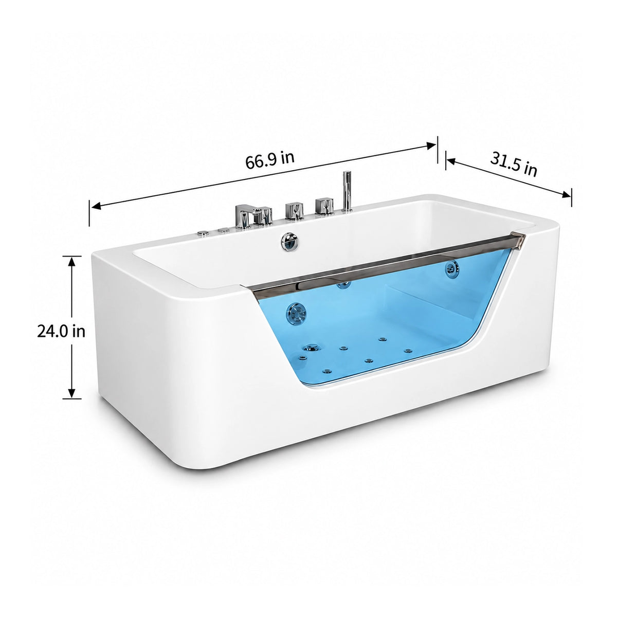 Dimensions for 66.9-inch rectangular whirlpool bathtub with viewing window