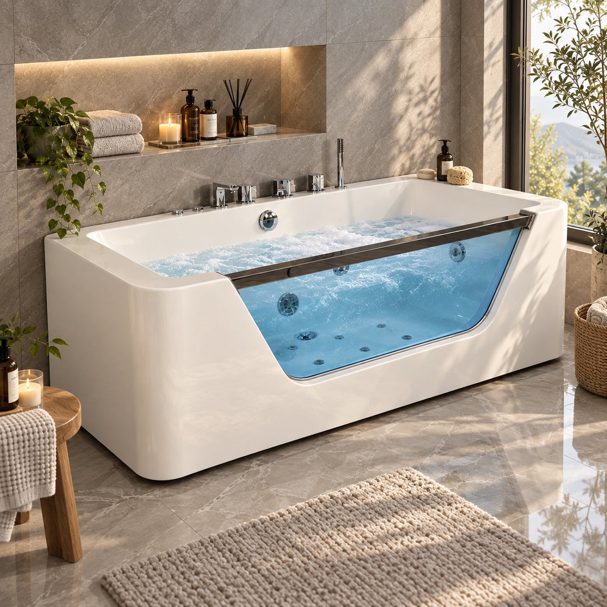 White freestanding whirlpool tub with transparent glass panel, placed in bright marble bathroom with niche shelf