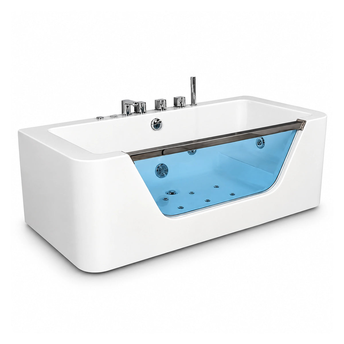 Rectangular freestanding acrylic jetted bathtub with transparent side glass panel and chrome faucet set