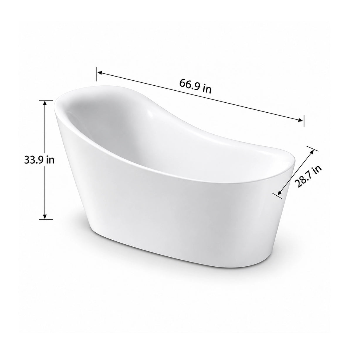 Dimensions for 66.9-inch saddle‑shaped freestanding bathtub