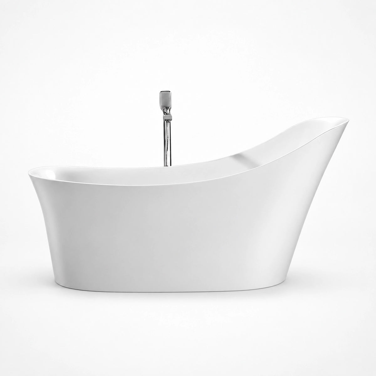 Side profile view of freestanding tub with handheld shower fixture, studio shot