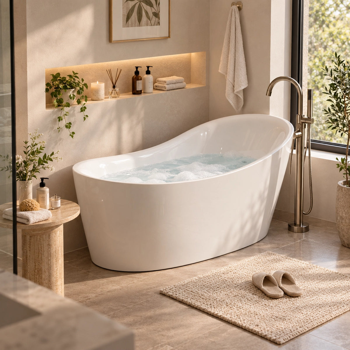 White sloped freestanding soaking tub in warm beige bathroom with lit wall niche