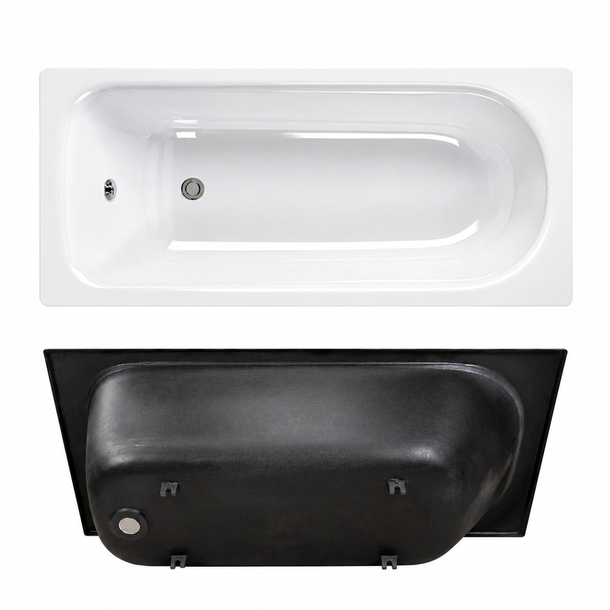 Top & bottom view of tub, glossy white surface and black reinforced base