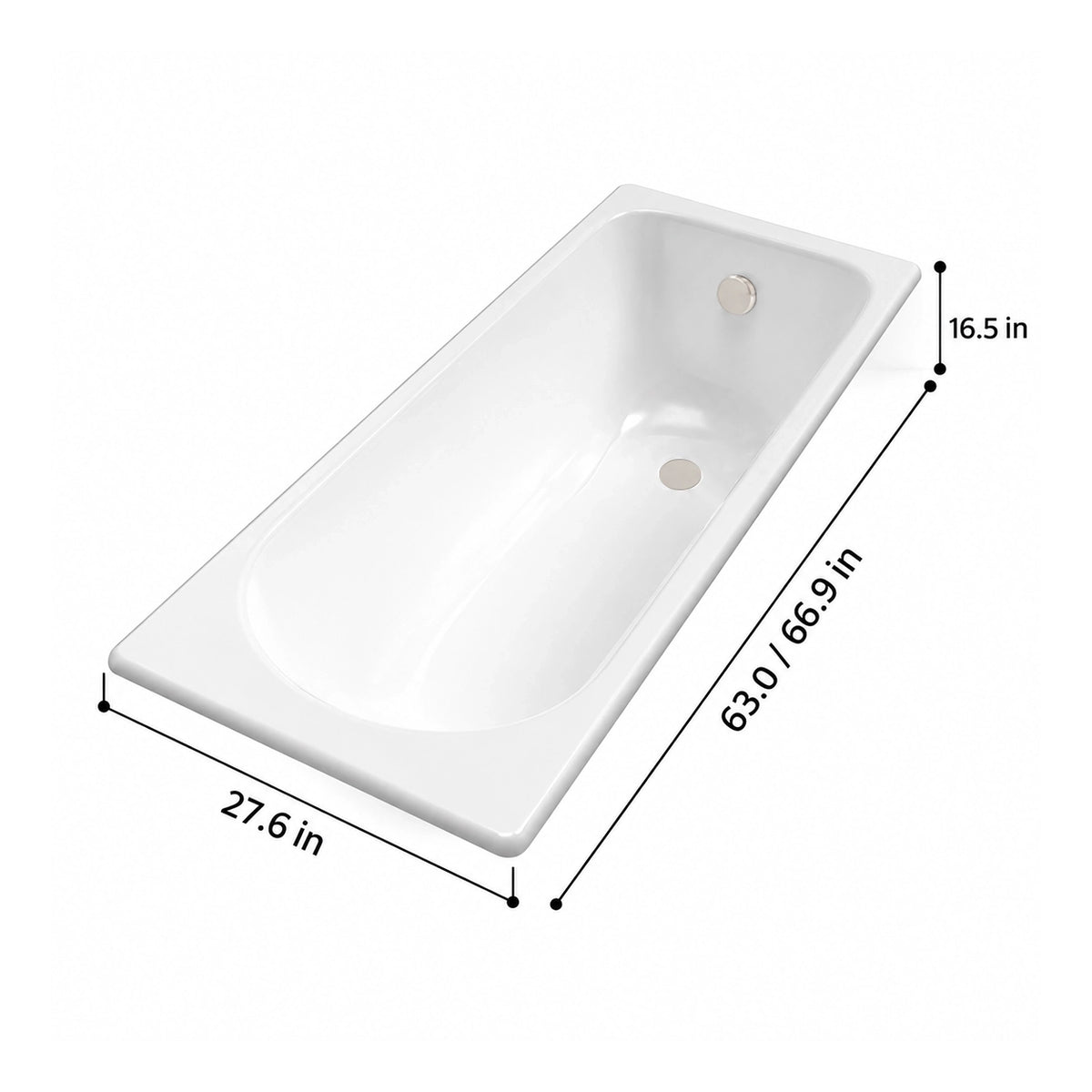 Drop‑in bathtub, 63.0 inch / 66.9 inch.