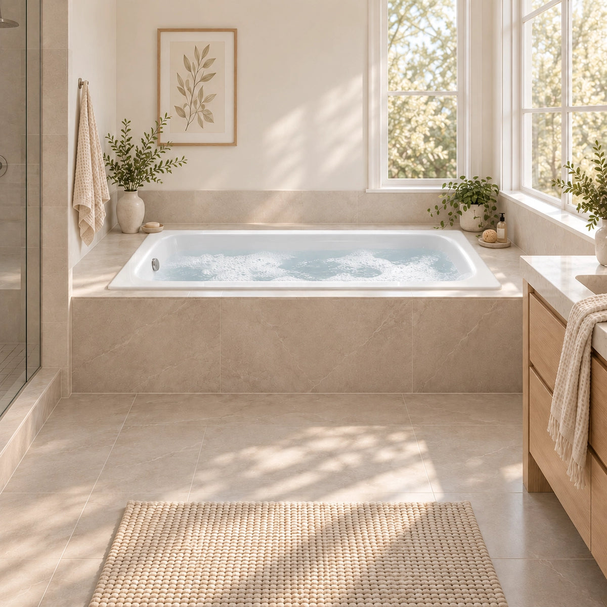 Drop‑in bathtub fitted in sunlit light beige tiled bathroom