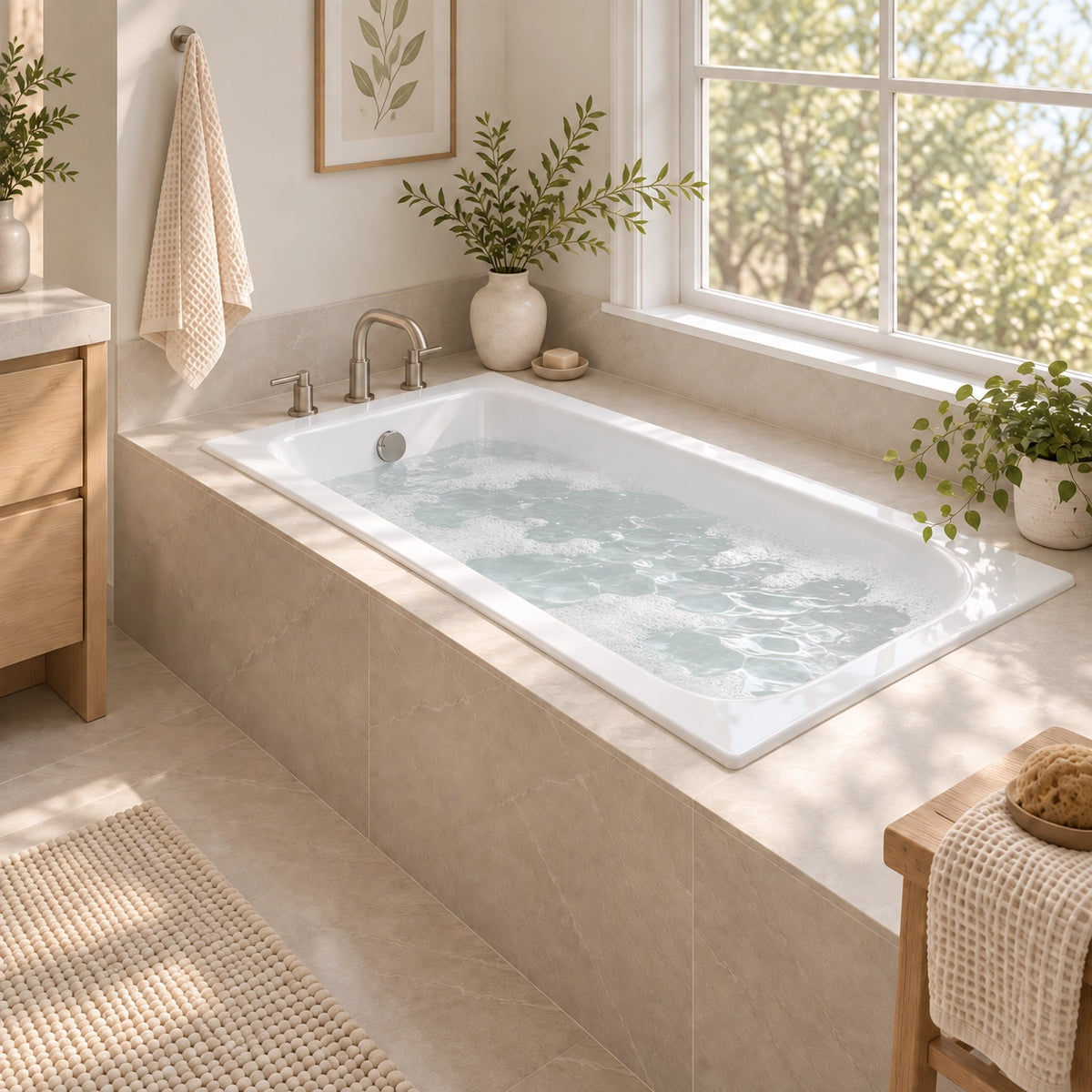 White drop‑in tub in cozy window‑side bathroom with deck faucet