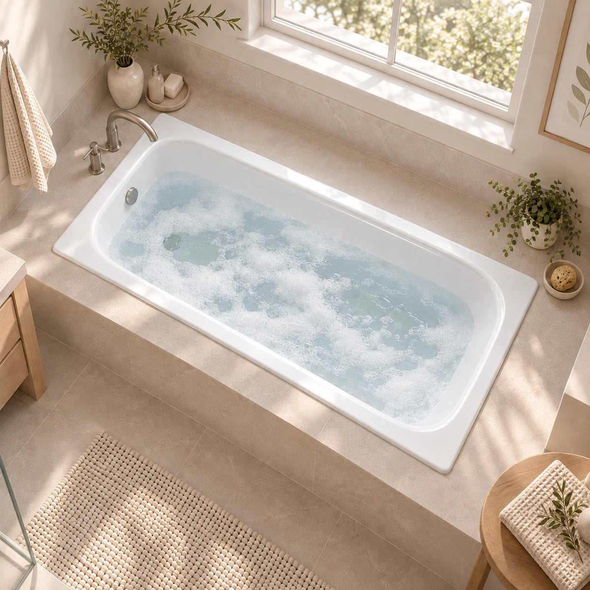 Rectangular drop‑in bathtub, top view inside naturally lit washroom