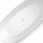 Top close-up of bathtub interior, showing bottom drain and smooth inner wall